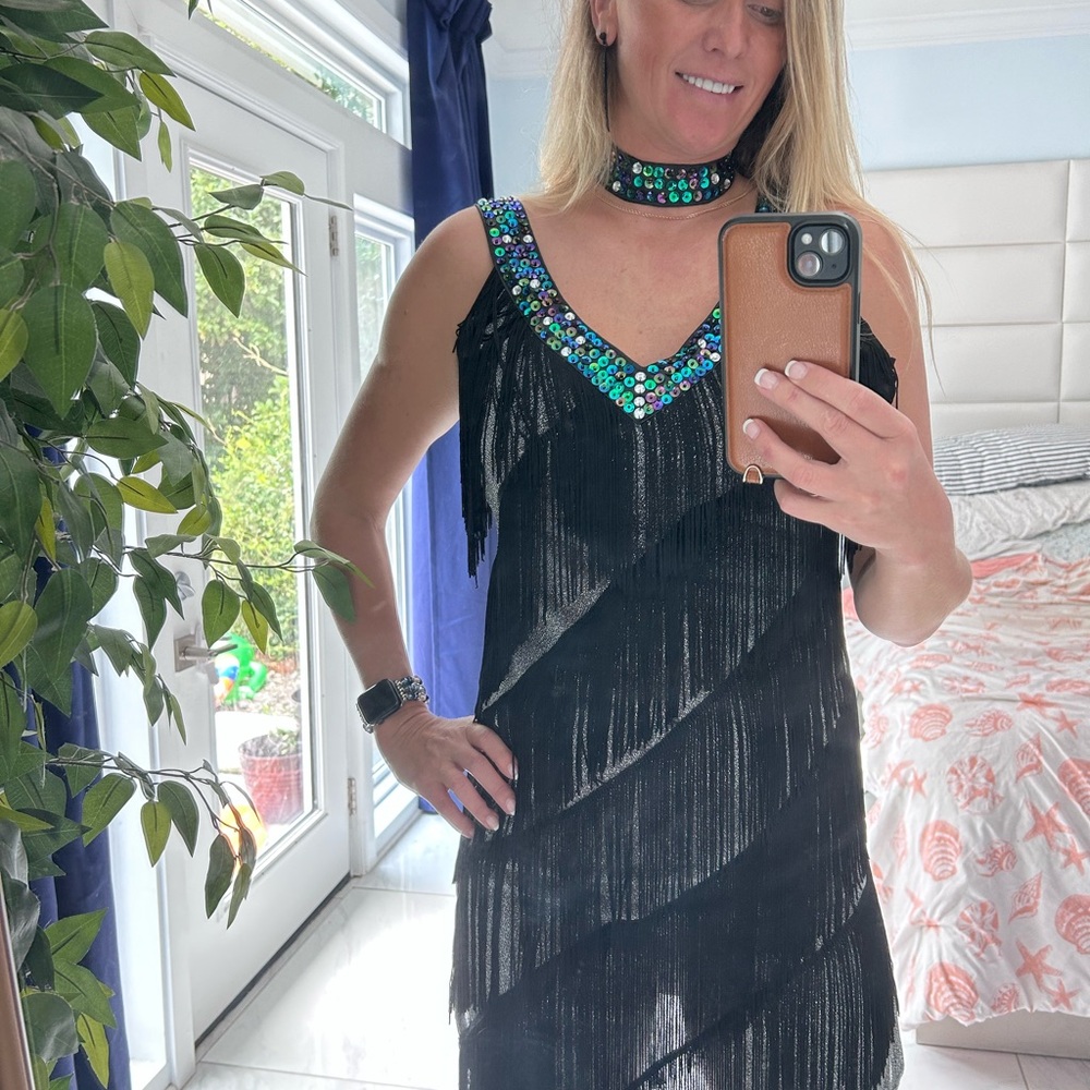 Black Fringe Dress with Sequin Details